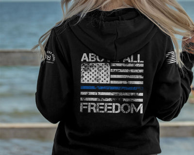 Woman wearing Solid Black Women's Above All Freedom Back Design Hoodie