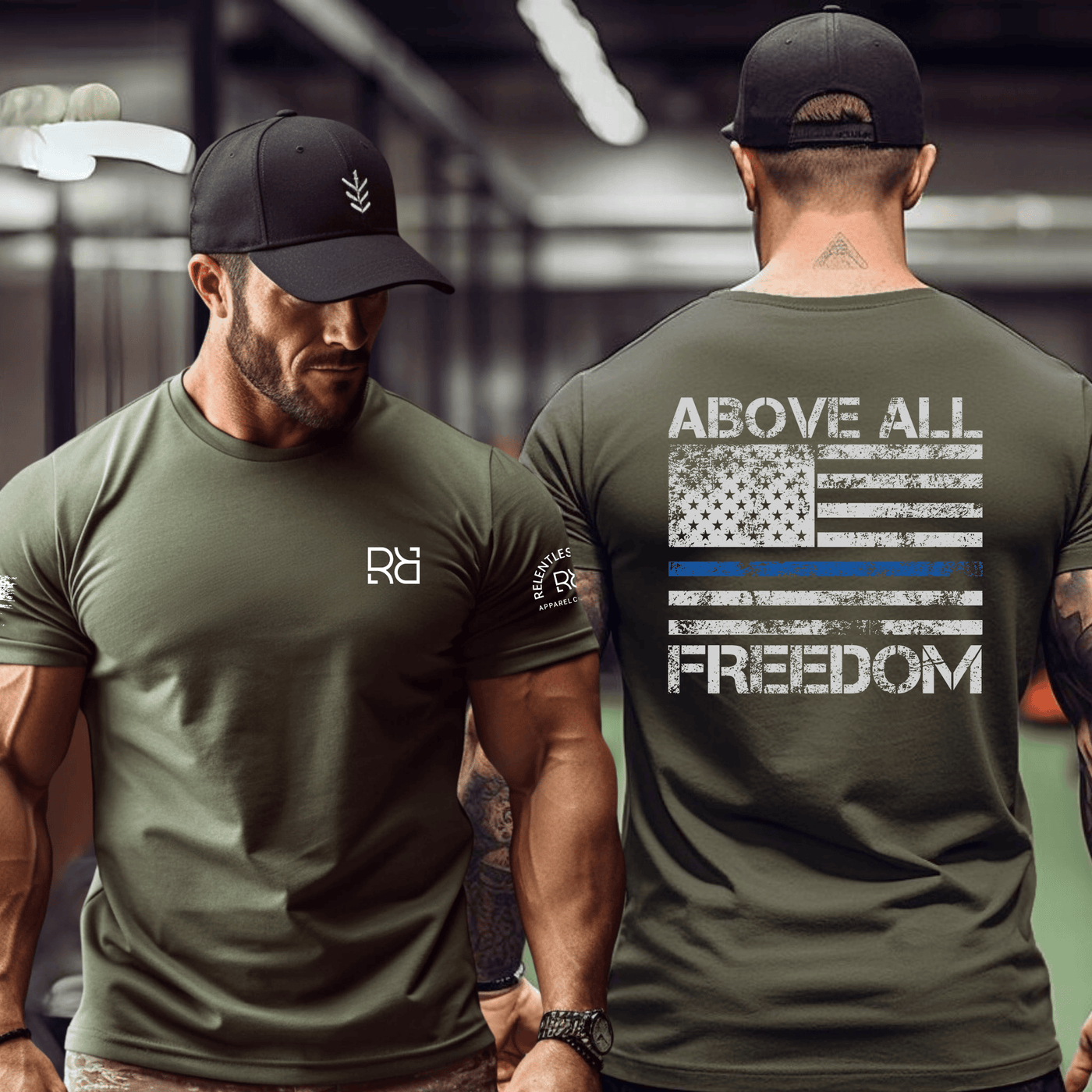 Two men wearing green t-shirts, one with a logo on the chest and the other with 'Above All Freedom' text on the back.