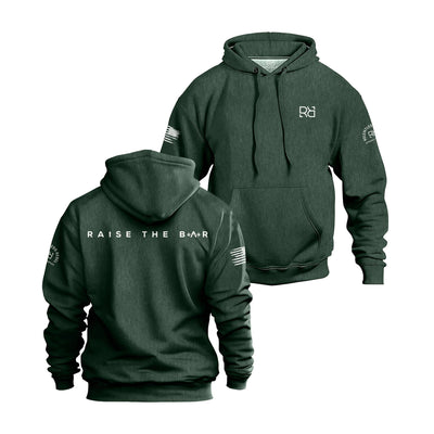 Alpine Green hoodie with 'Raise the Bar' text on front and back, displayed from front and back views.