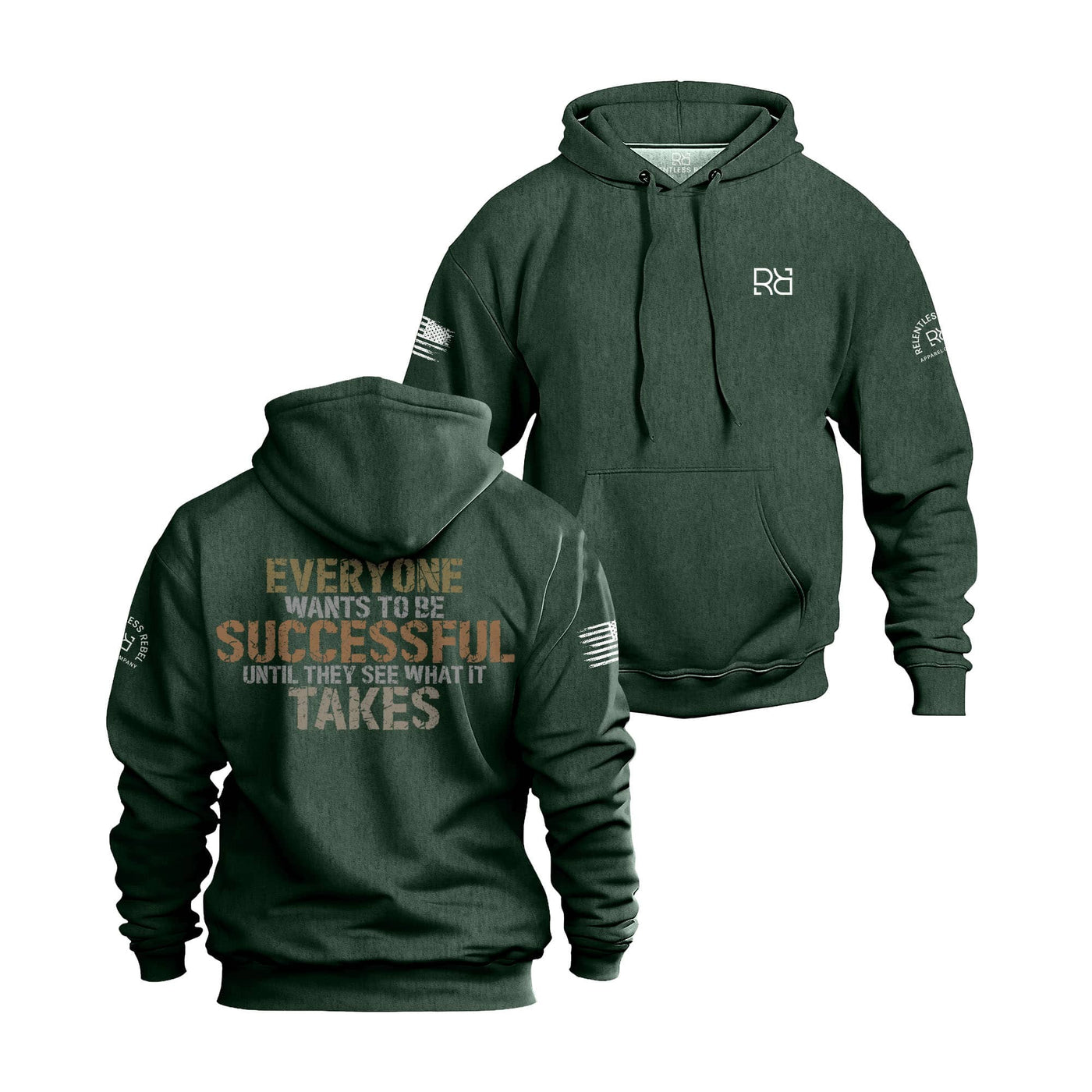 Alpine Green hoodie with text on front and back on a white background