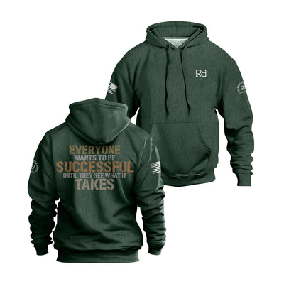 Alpine Green hoodie with text on front and back on a white background
