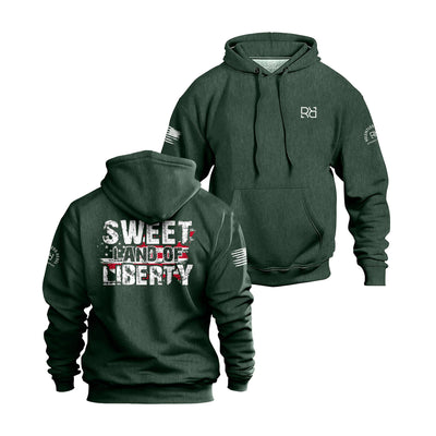 Alpine Green hoodie with 'Sweet Land of Liberty' text on the back, displayed from front and back views.
