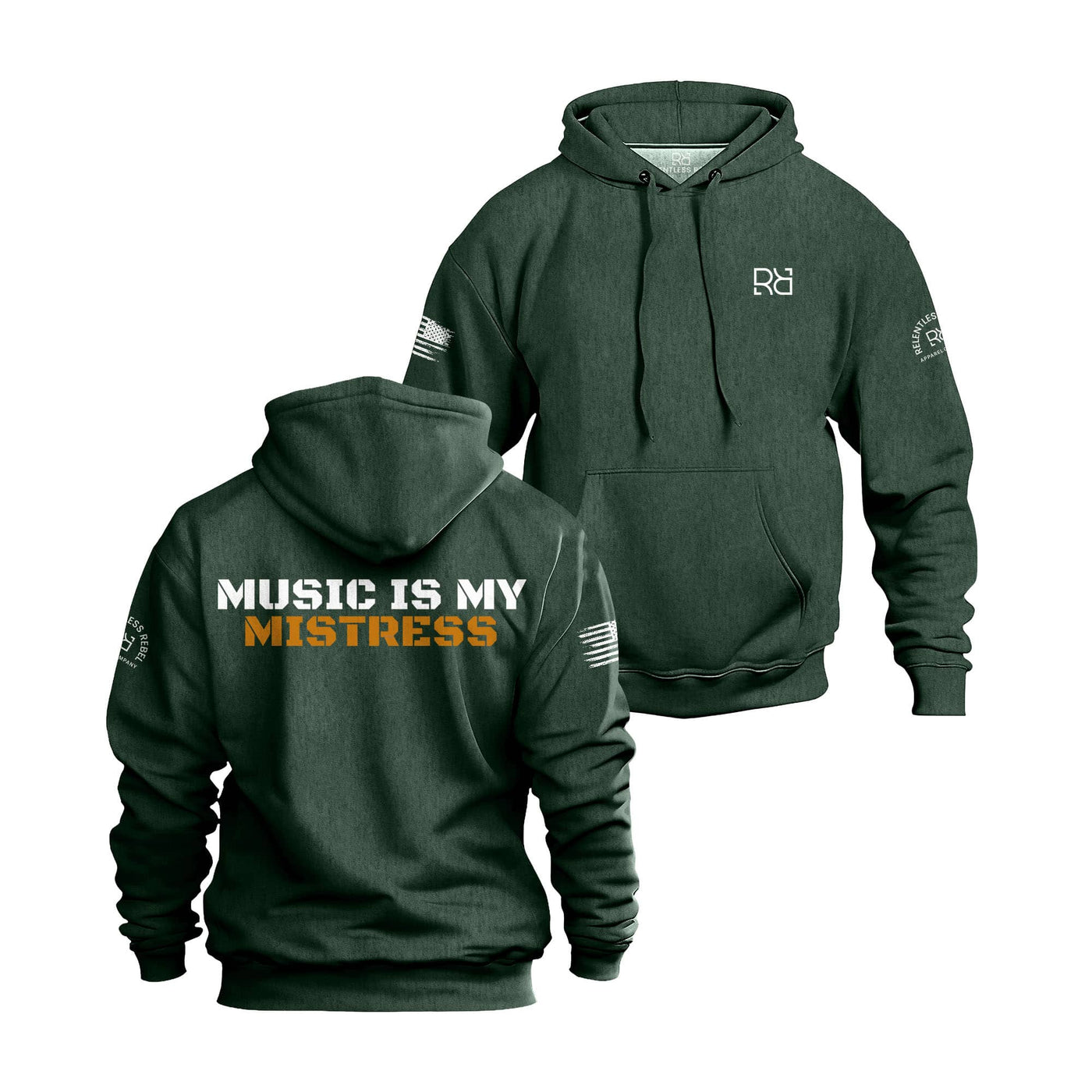 Alpine Green hoodie with 'Music is my Mistress' text on a white background