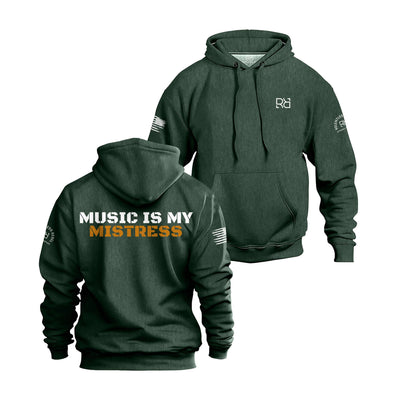 Alpine Green hoodie with 'Music is my Mistress' text on a white background