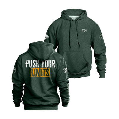 Alpine Green hoodie with 'Push Your Limits' text on the back, displayed from front and back views.