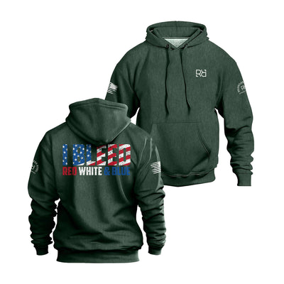 Alpine Green hoodie with 'I Bleed Red White & Blue' text on the back, displayed from front and back views.