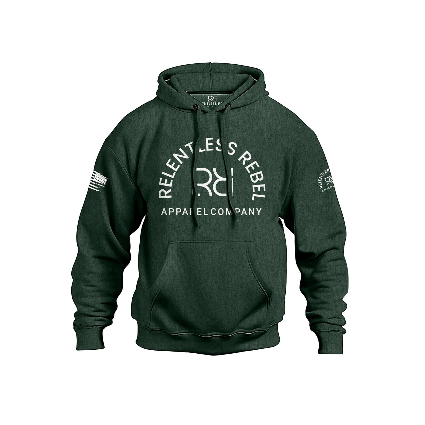 Alpine Green hoodie with 'Relentless Rebel Apparel Company' logo on a white background