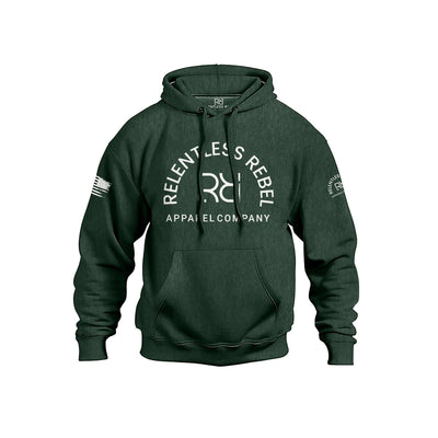 Alpine Green hoodie with 'Relentless Rebel Apparel Company' logo on a white background
