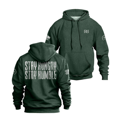Alpine Green hoodie with 'Stay Hungry Stay Humble' text on a white background