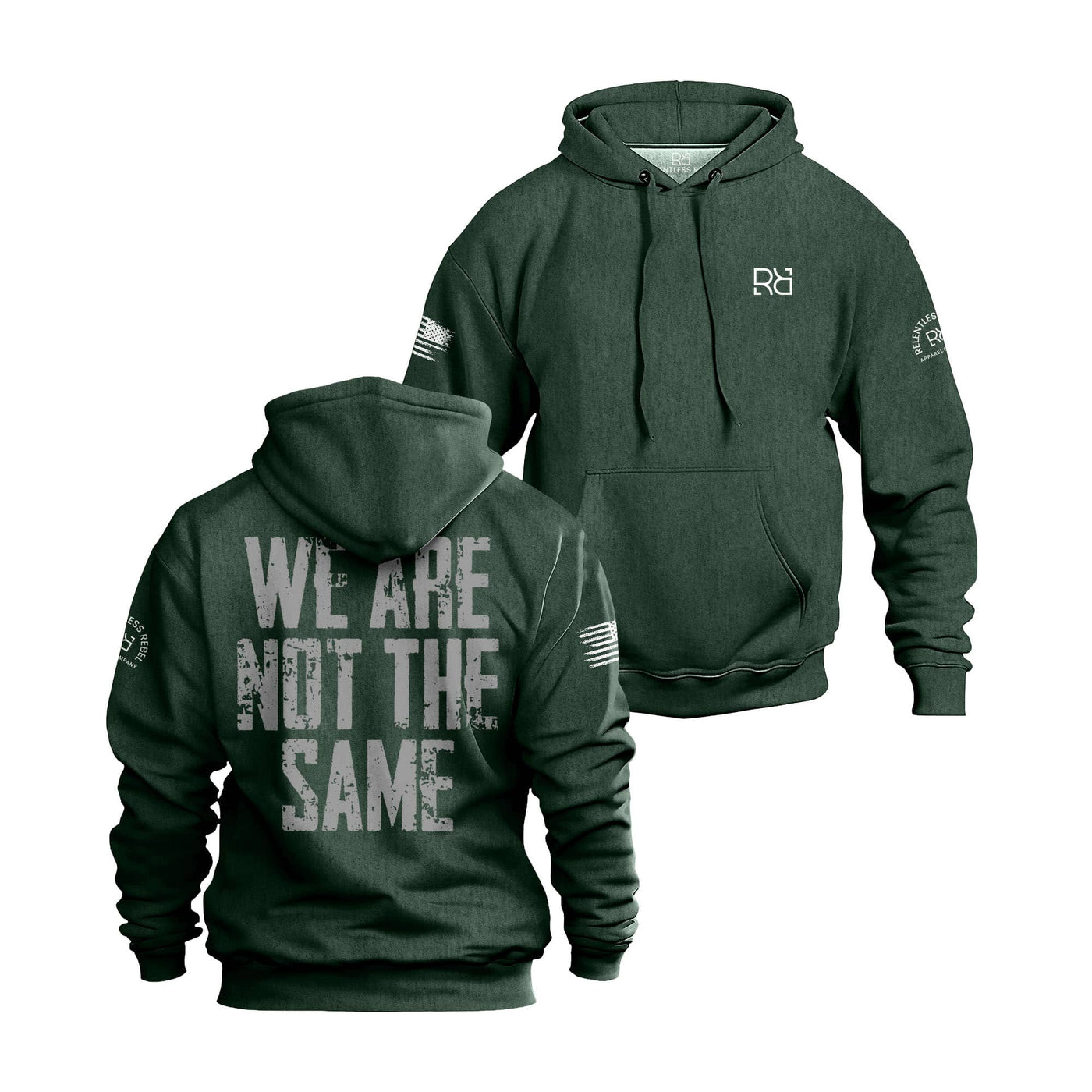 Green hoodie with text and logos on a white background