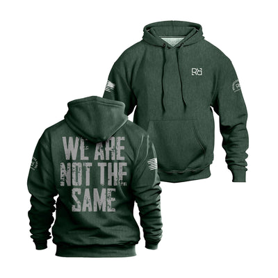 Green hoodie with text and logos on a white background
