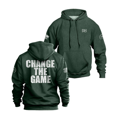 Alpine Green hoodie with 'Change The Game' text on the back, displayed from front and back views.