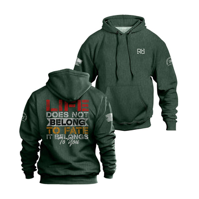 Alpine Green hoodie with text on front and back on a white background