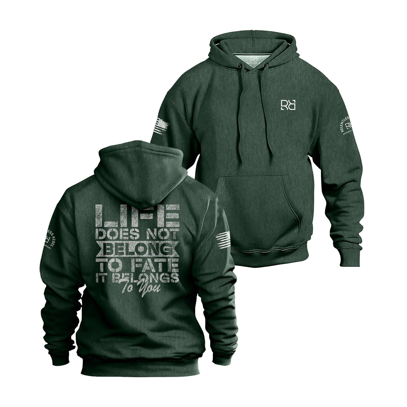Alpine Green hoodie with text on front and back on a white background