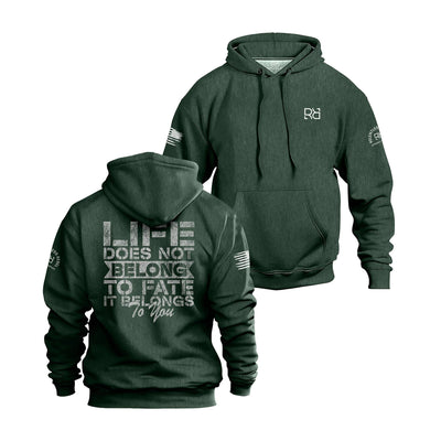 Alpine Green hoodie with text on front and back on a white background