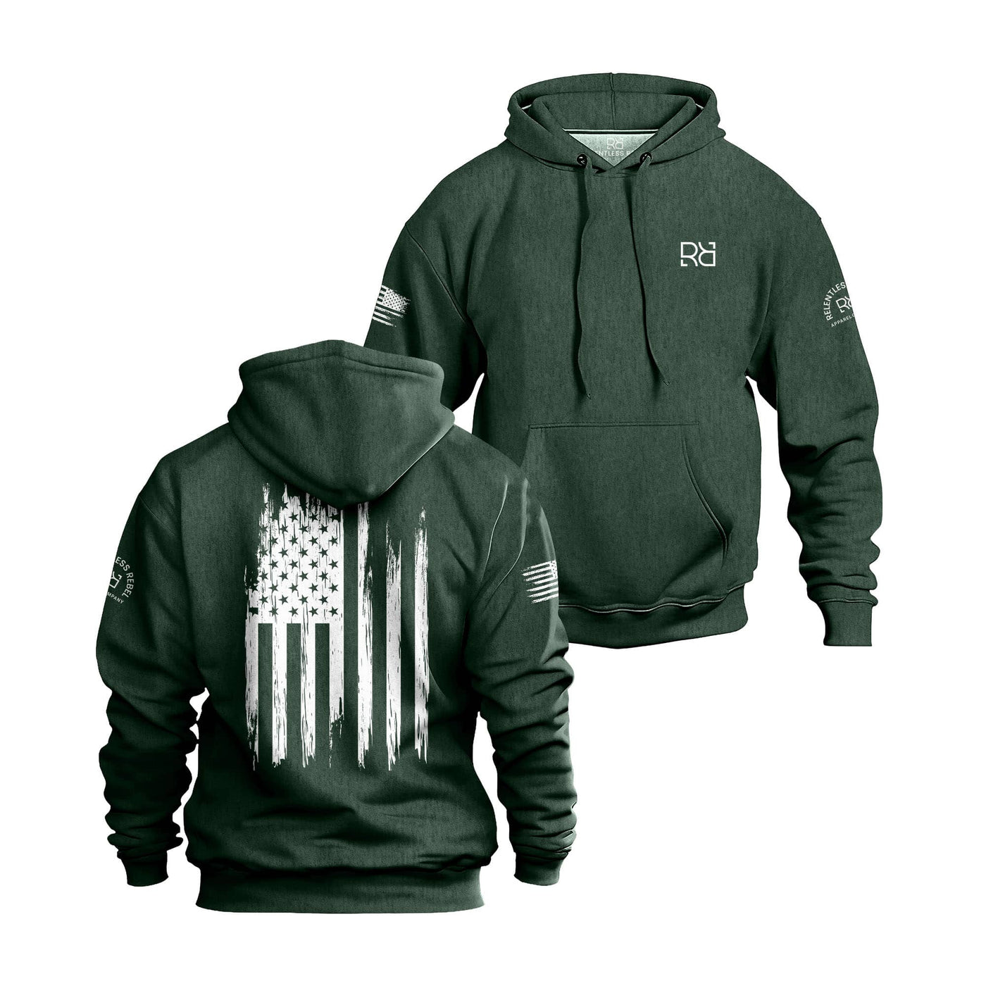 Alpine Green hoodie with American flag design on the back, displayed from front and back views.