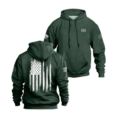 Alpine Green hoodie with American flag design on the back, displayed from front and back views.