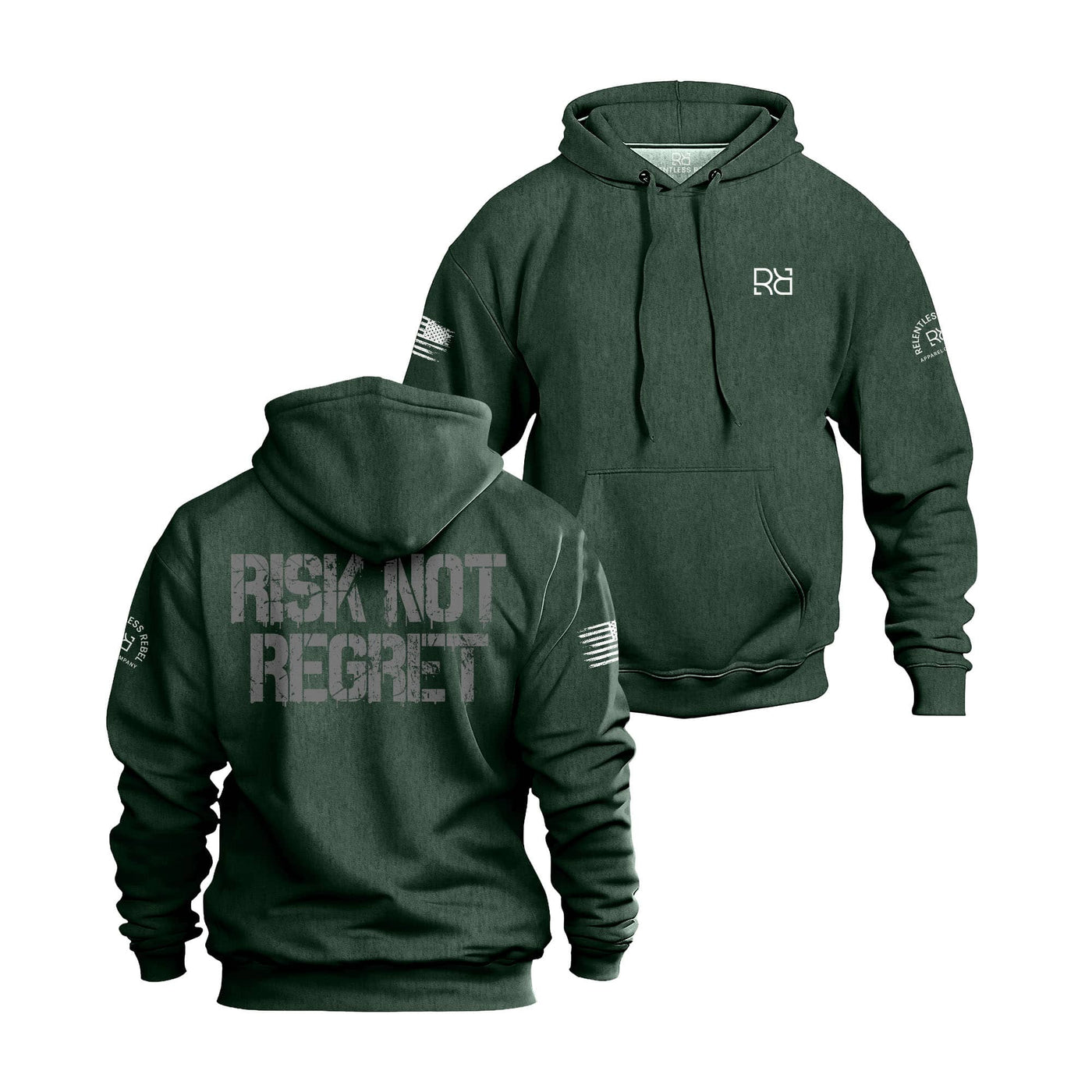 Alpine Green hoodie with 'Risk Not Regret' text on the back, displayed from front and back views.
