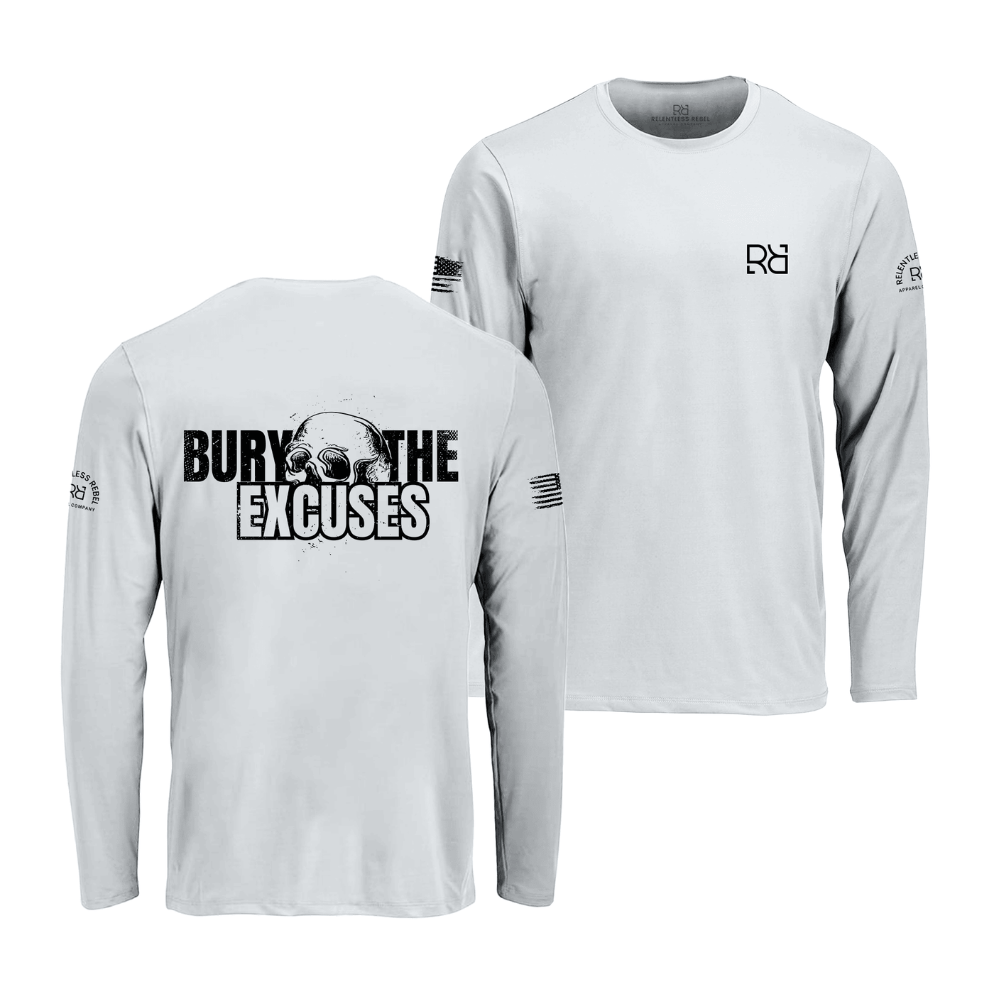 Aluminum long-sleeve shirt with text and logos on a white background