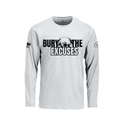 Aluminum long-sleeve shirt with 'Bury the Excuses' graphic design on a white background