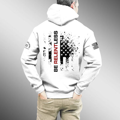 Person wearing a white hoodie with a graphic design and text on the back, on a gray background