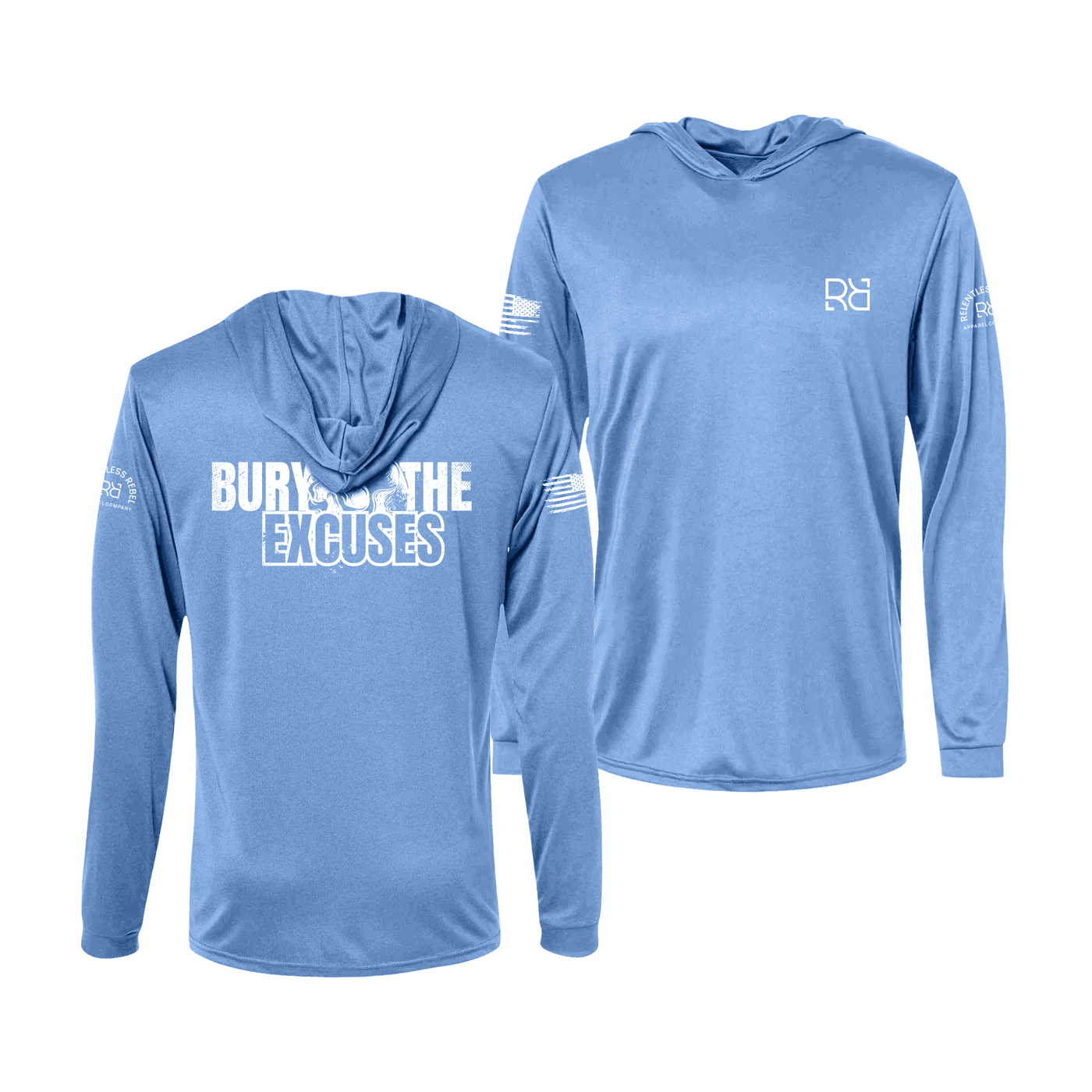 Light blue long-sleeve hoodie with text and branding on a white background