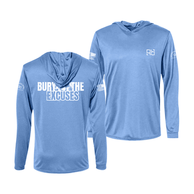 Light blue long-sleeve hoodie with text and branding on a white background