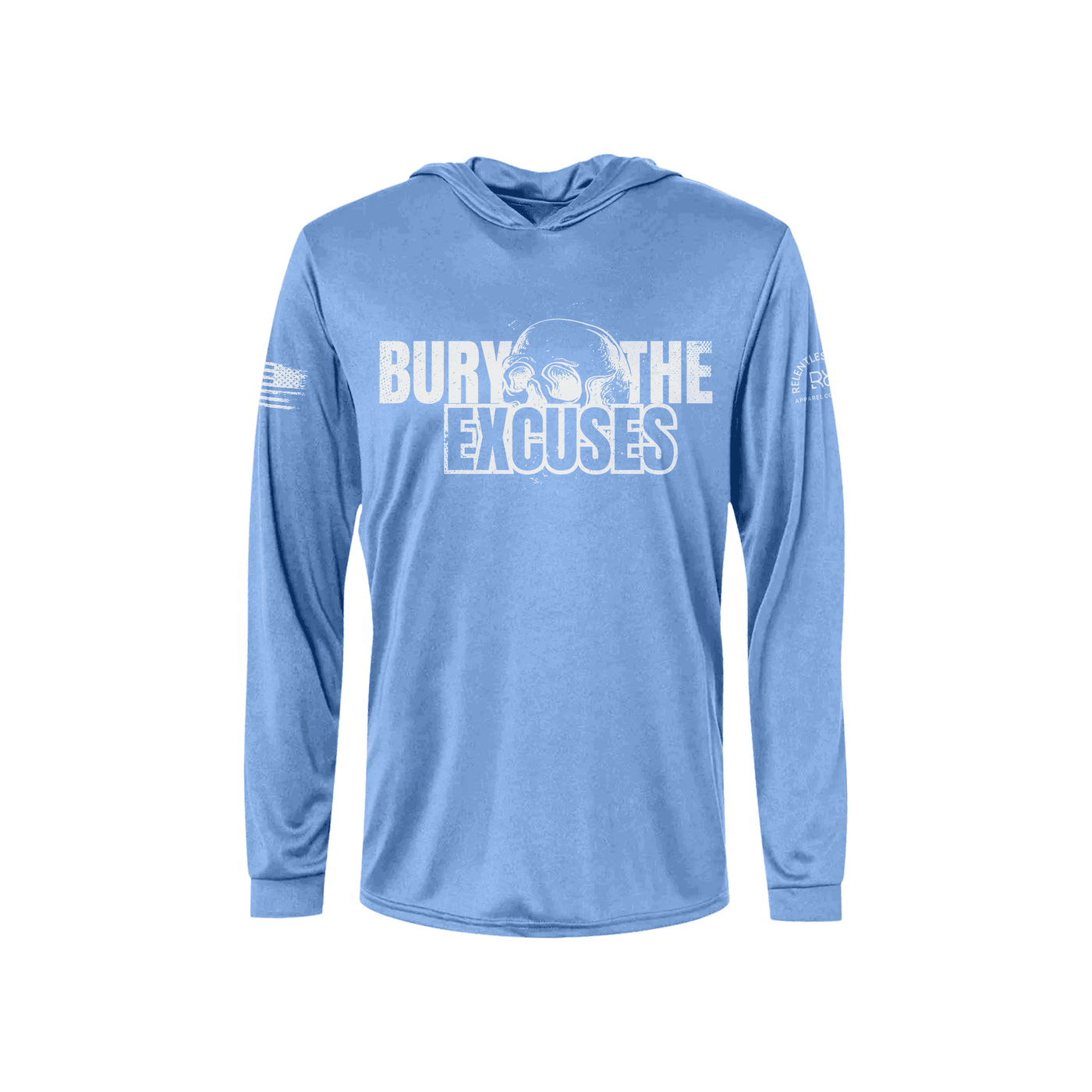 Blue long-sleeve hoodie with text on a white background
