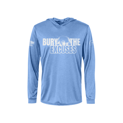 Blue long-sleeve hoodie with text on a white background