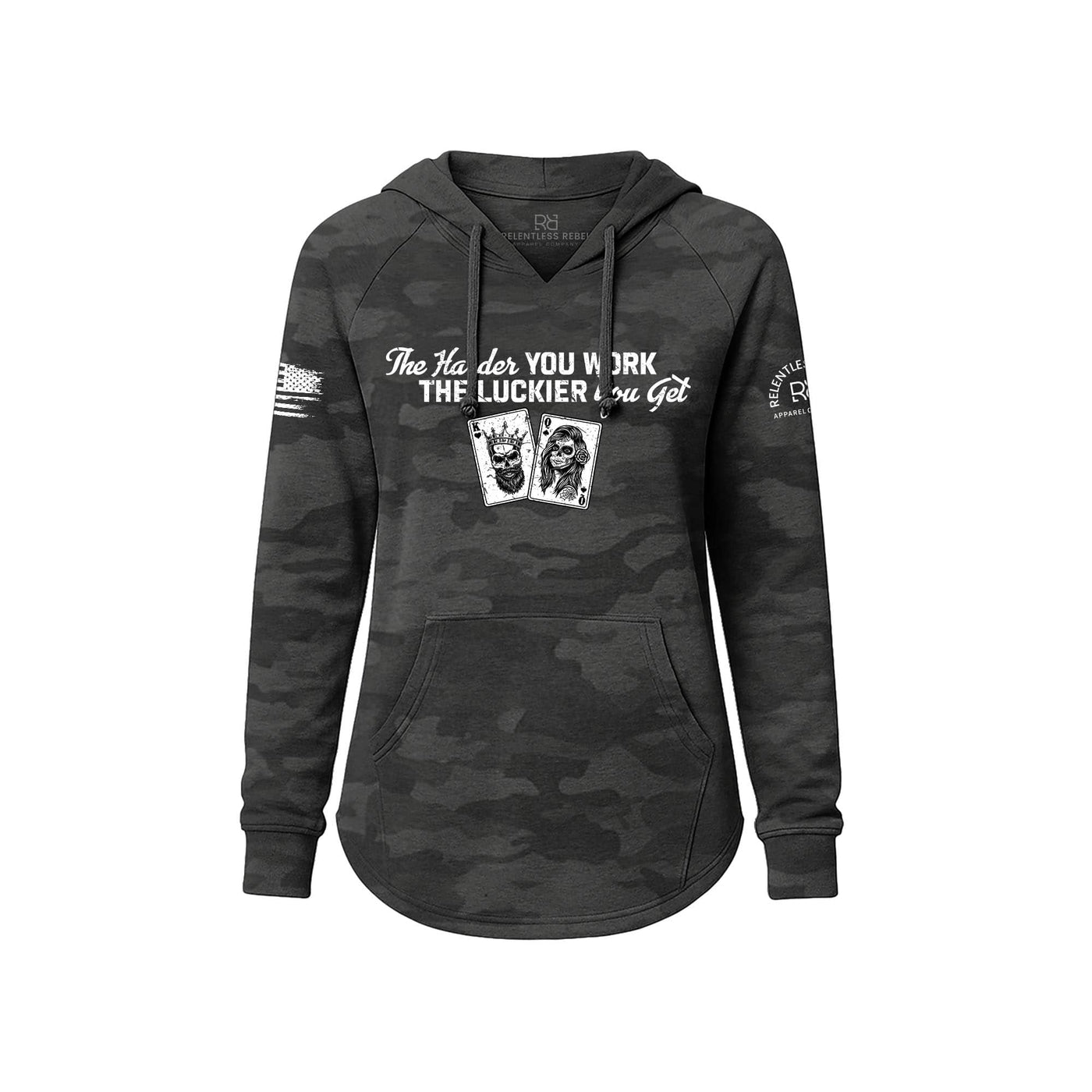 Black Camouflage hoodie with text and graphics on a white background