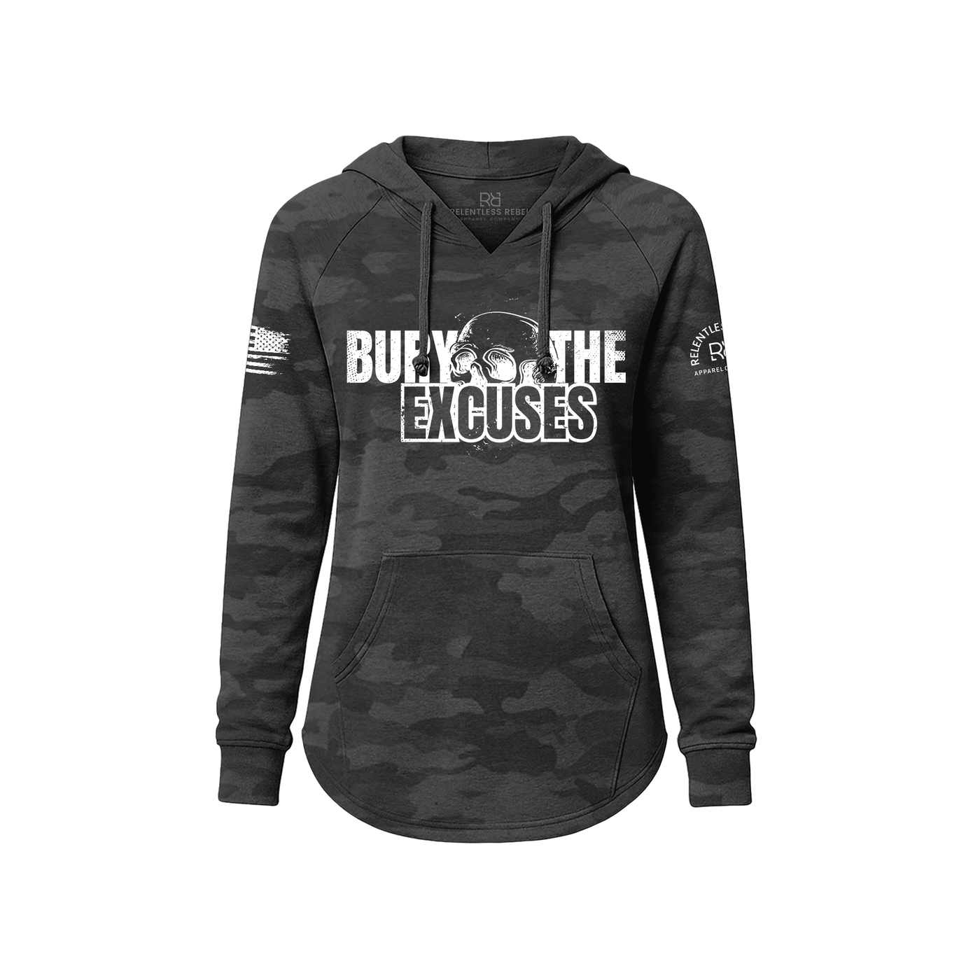 Black Camouflage hoodie with text 'Burn The Excuses' on a white background
