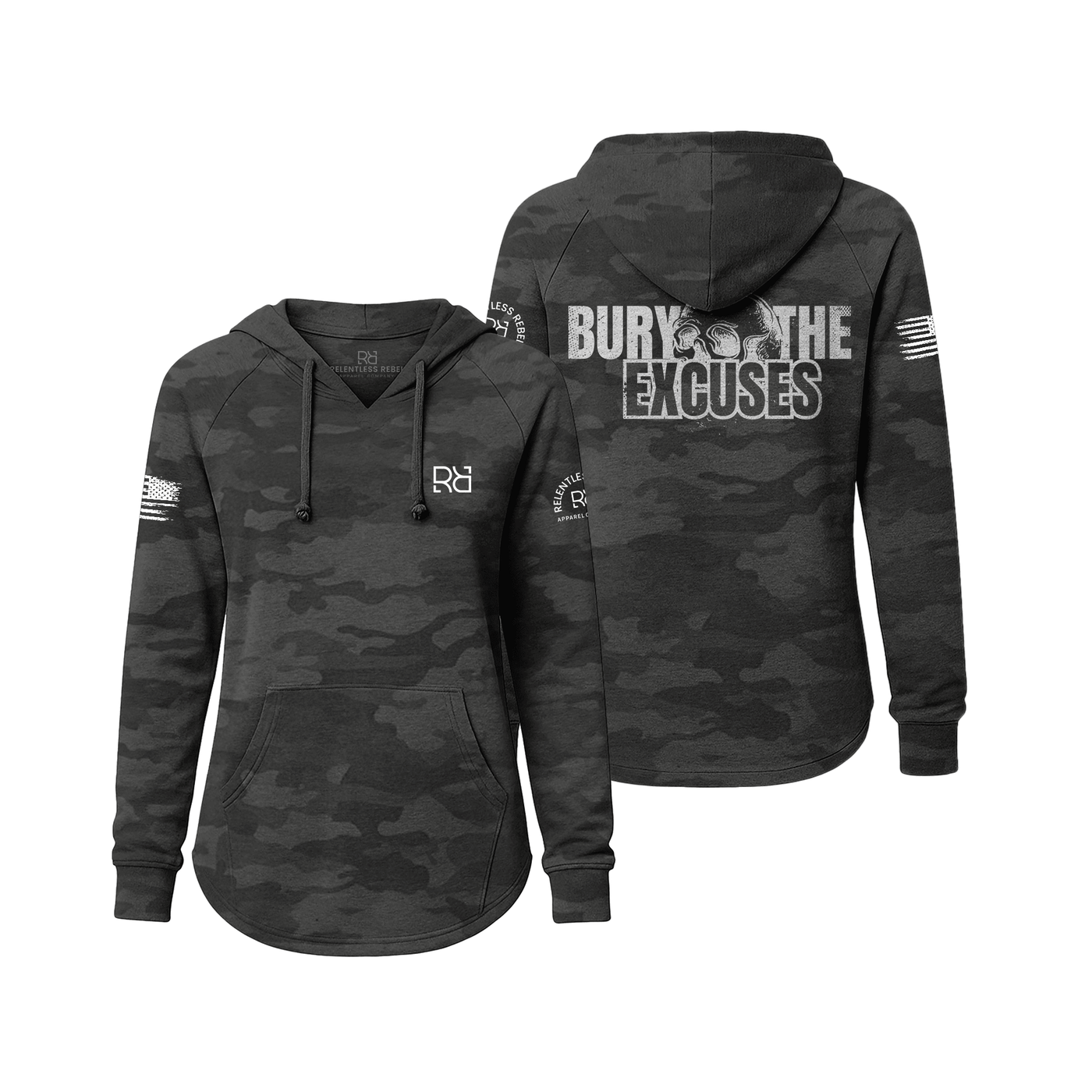 Black camouflage hoodie with text and logos on a white background
