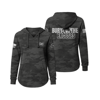 Black camouflage hoodie with text and logos on a white background