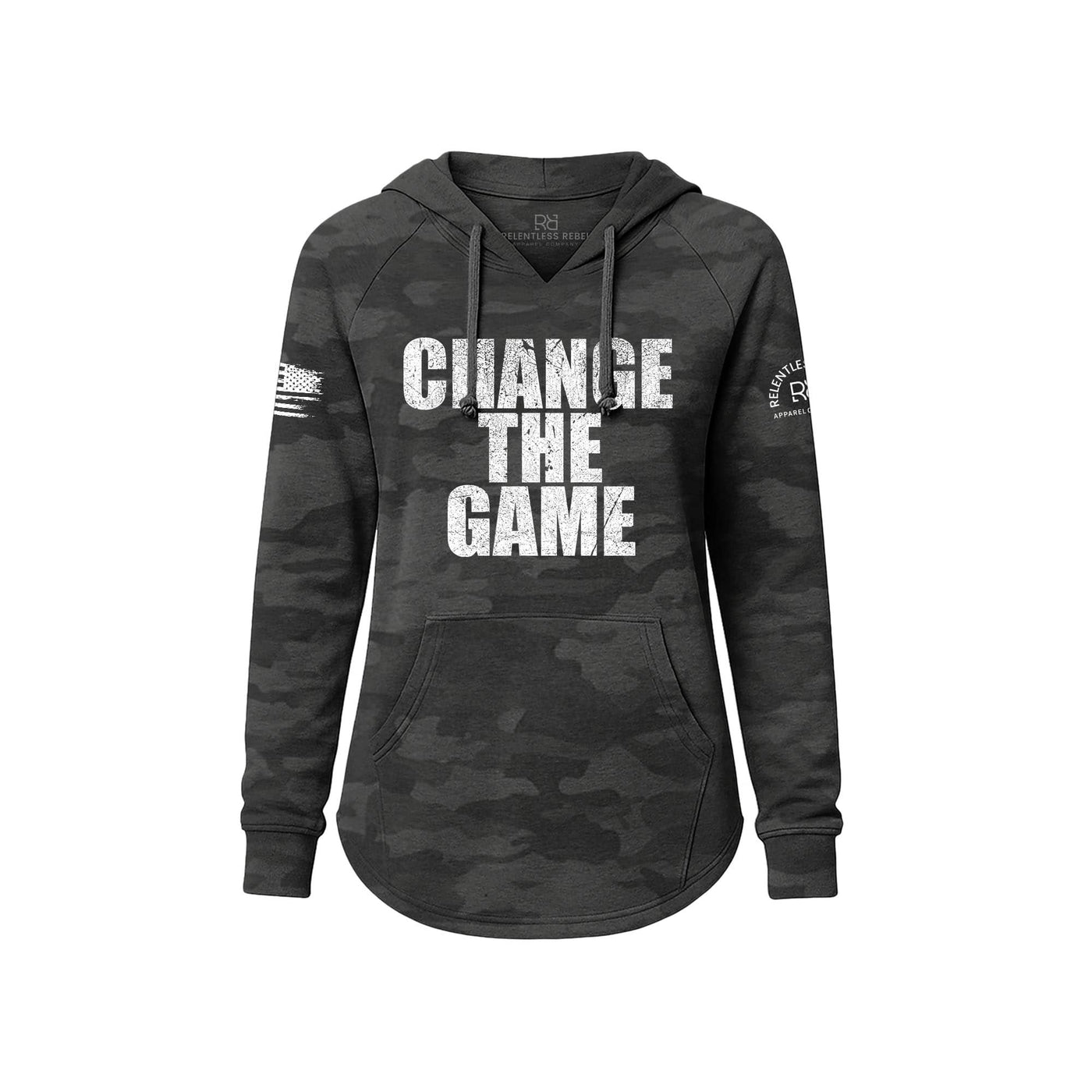 Black camouflage hoodie with 'Change The Game' text on a white background
