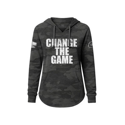 Black camouflage hoodie with 'Change The Game' text on a white background