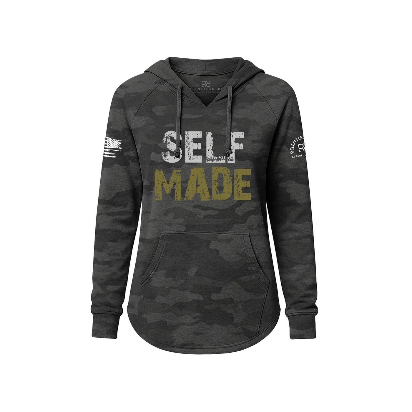 Black Camouflage hoodie with 'SELF MADE' text on a white background