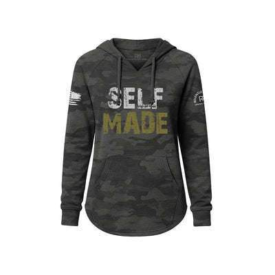 Black Camouflage hoodie with 'SELF MADE' text on a white background