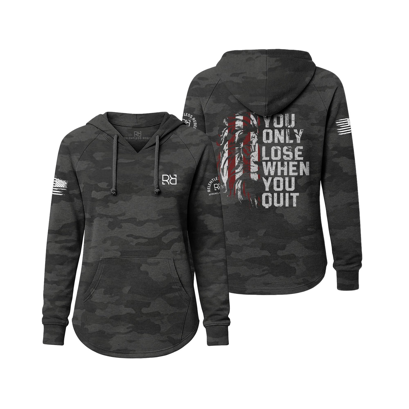 Black camouflage hoodie with motivational text on a white background