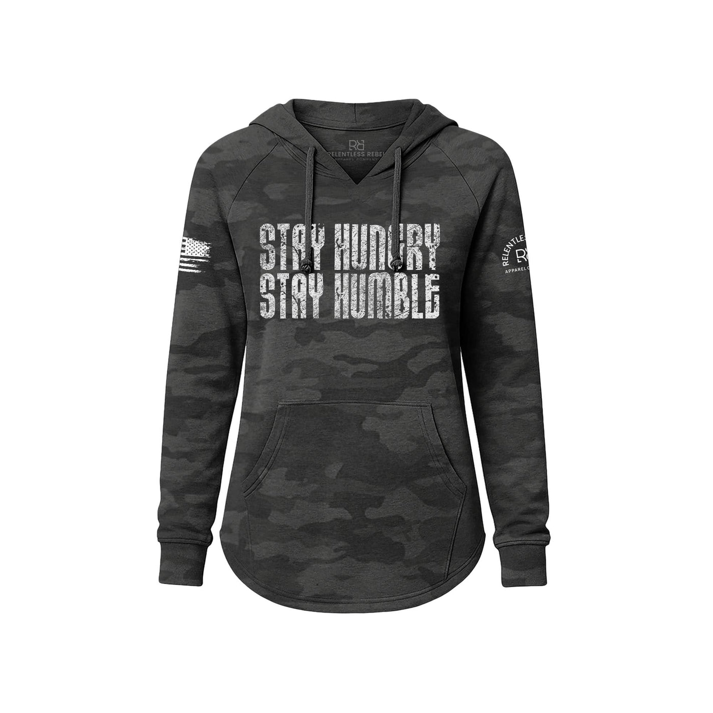 Black camouflage hoodie with 'Stay Hungry Stay Humble' text on a white background