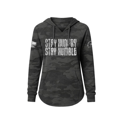 Black camouflage hoodie with 'Stay Hungry Stay Humble' text on a white background