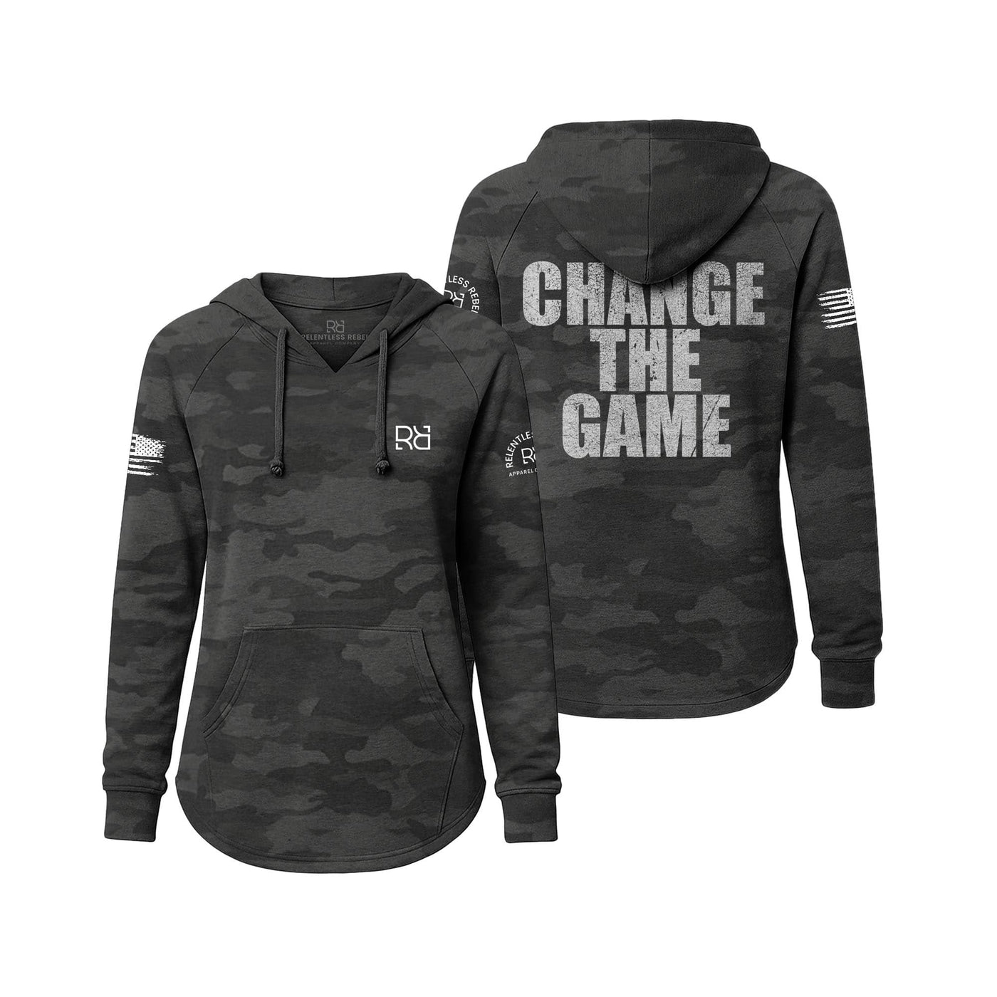 Black camouflage hoodie with 'Change The Game' text on a white background