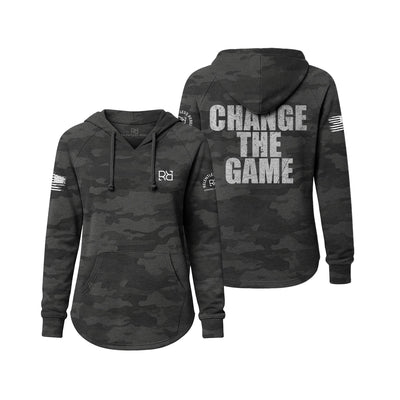 Black camouflage hoodie with 'Change The Game' text on a white background