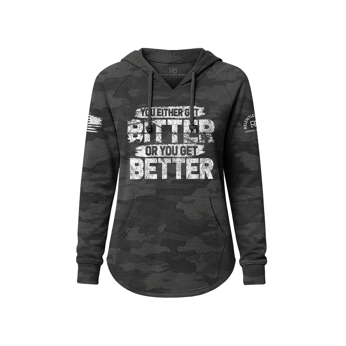 Black camouflage hoodie with motivational text on a white background