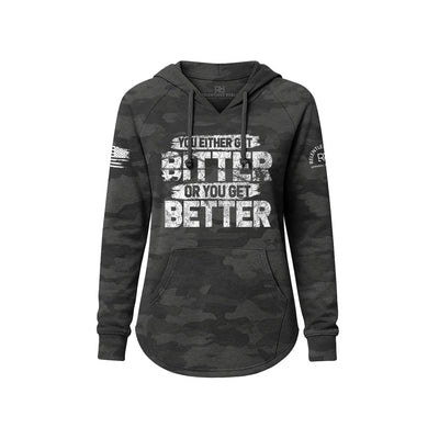 Black camouflage hoodie with motivational text on a white background