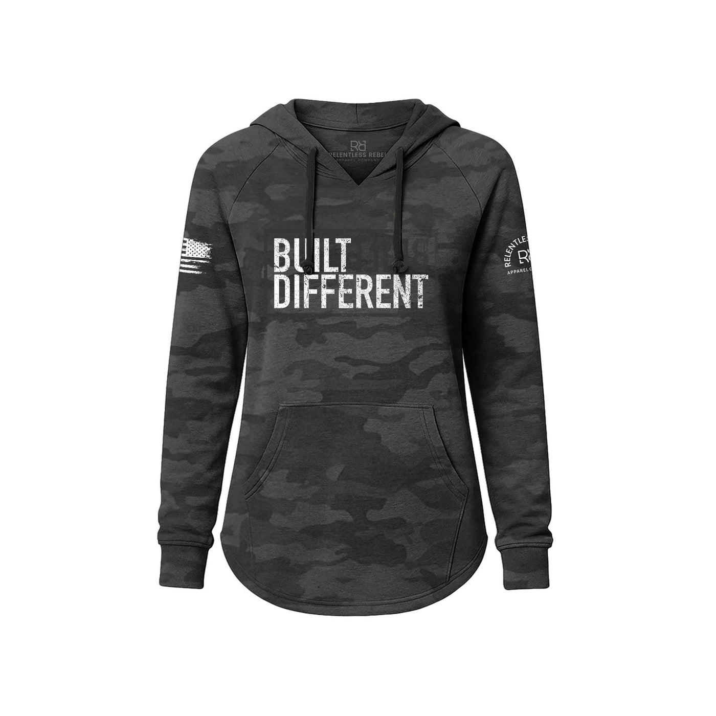 Black Camo Women's Wave Hoodie with Built Different on the front