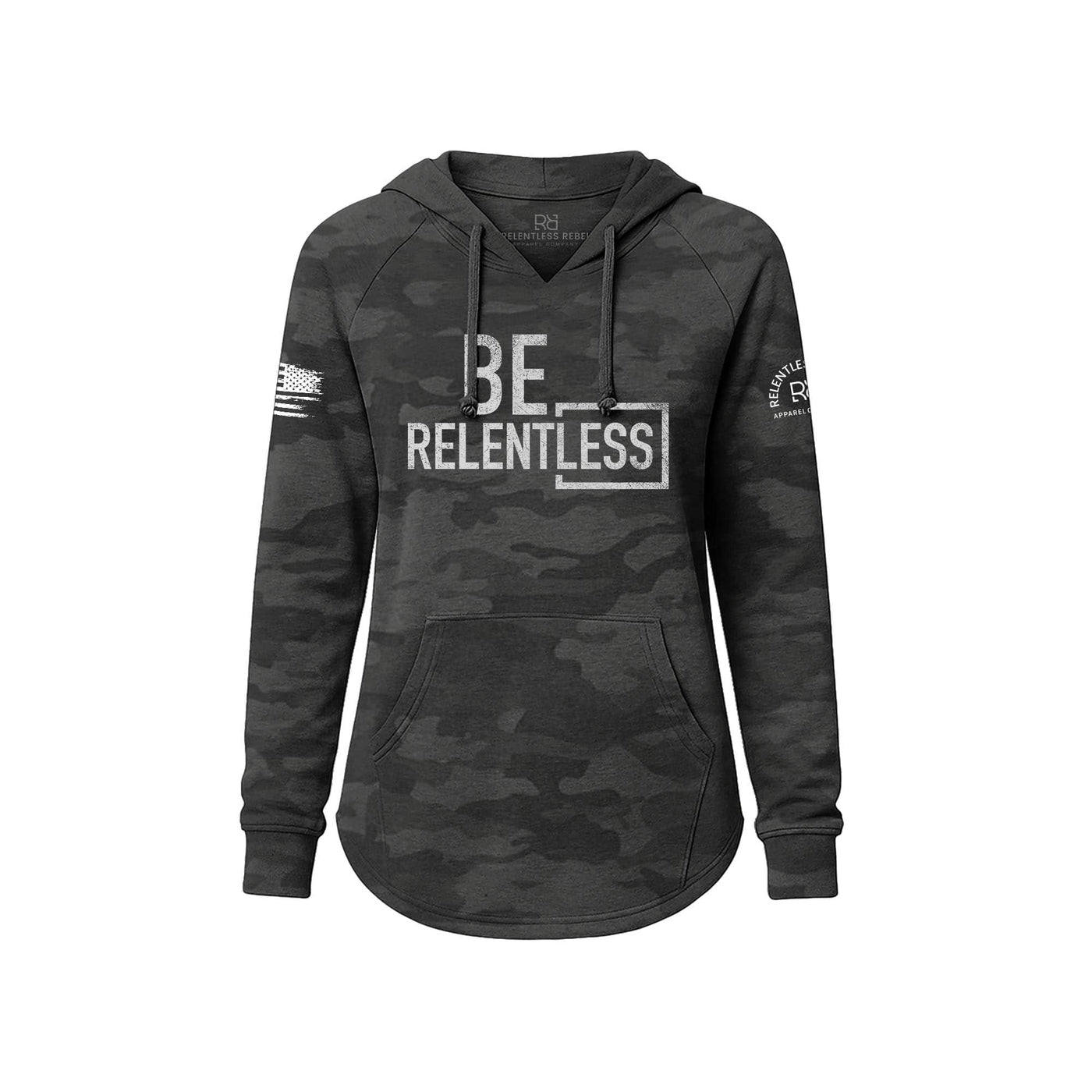 Black Camouflage hoodie with 'BE RELENTLESS' text on a white background