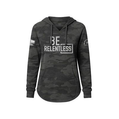 Black Camouflage hoodie with 'BE RELENTLESS' text on a white background