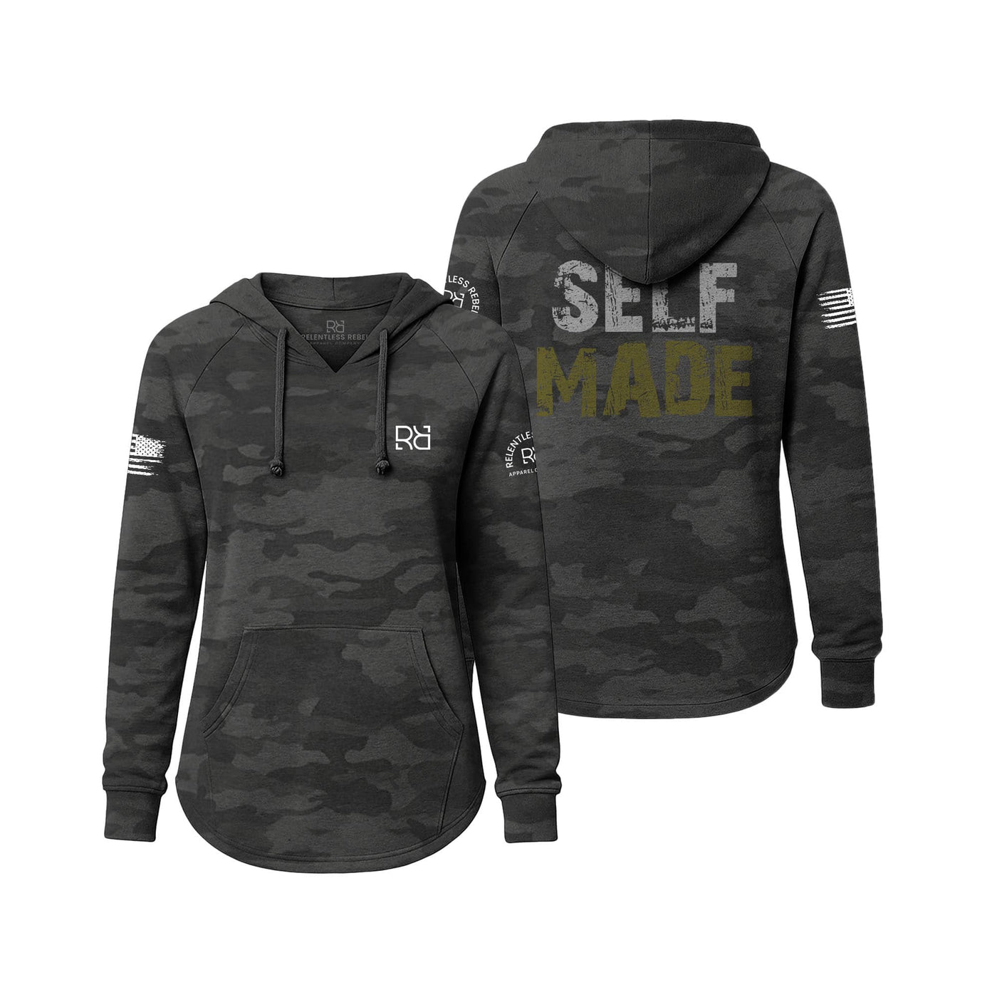 Black camouflage hoodie with 'SELF MADE' text on a white background