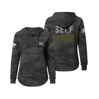 Black camouflage hoodie with 'SELF MADE' text on a white background