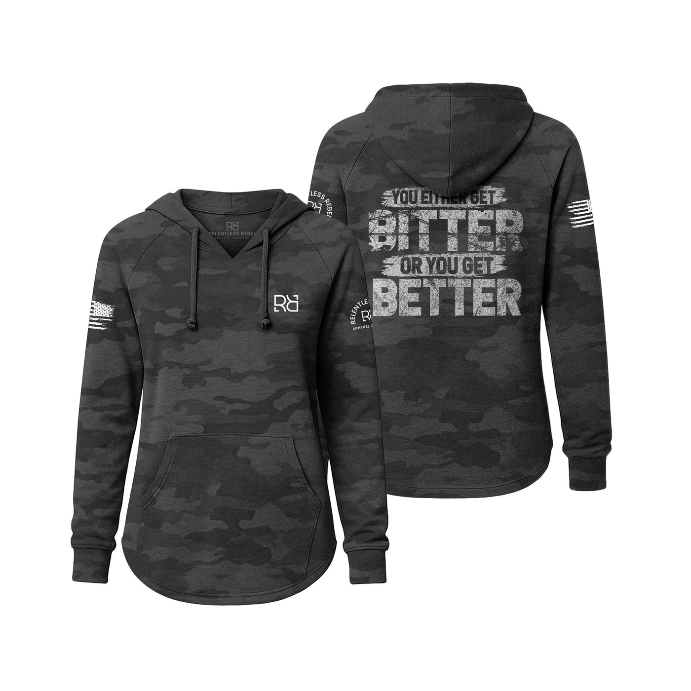 Black camouflage hoodie with text on the front and back, on a white background
